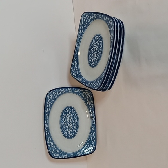 Other - JAPANESE Set Of 5 Porcelain Sushi Dish Hand Painted Blue White Floral Design